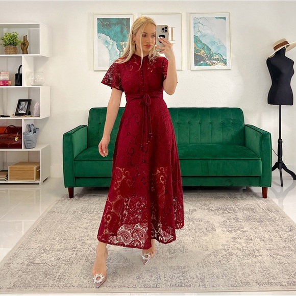 Charlotte Red Crochet Midi Dress - Picture 4 of 6